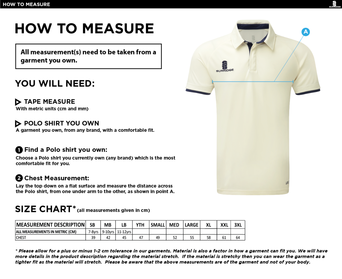 Papplewick & Linby CC - Ergo S/S playing shirt - Size Guide