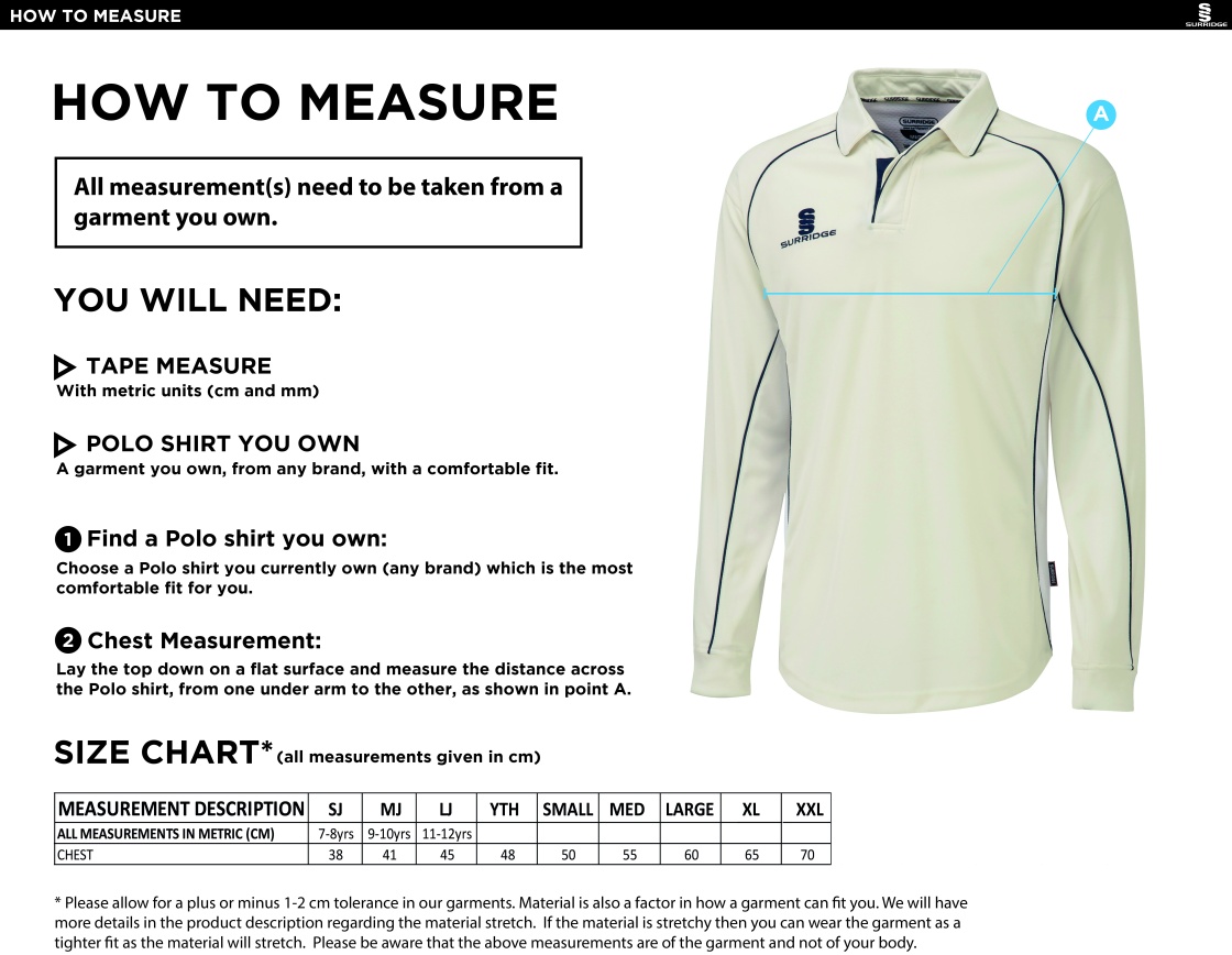 Papplewick & Linby CC - Premier Long Sleeved Playing Shirt - Size Guide