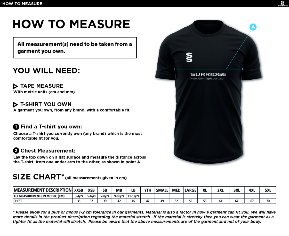 Papplewick & Linby CC - Blade Training Shirt - Size Guide