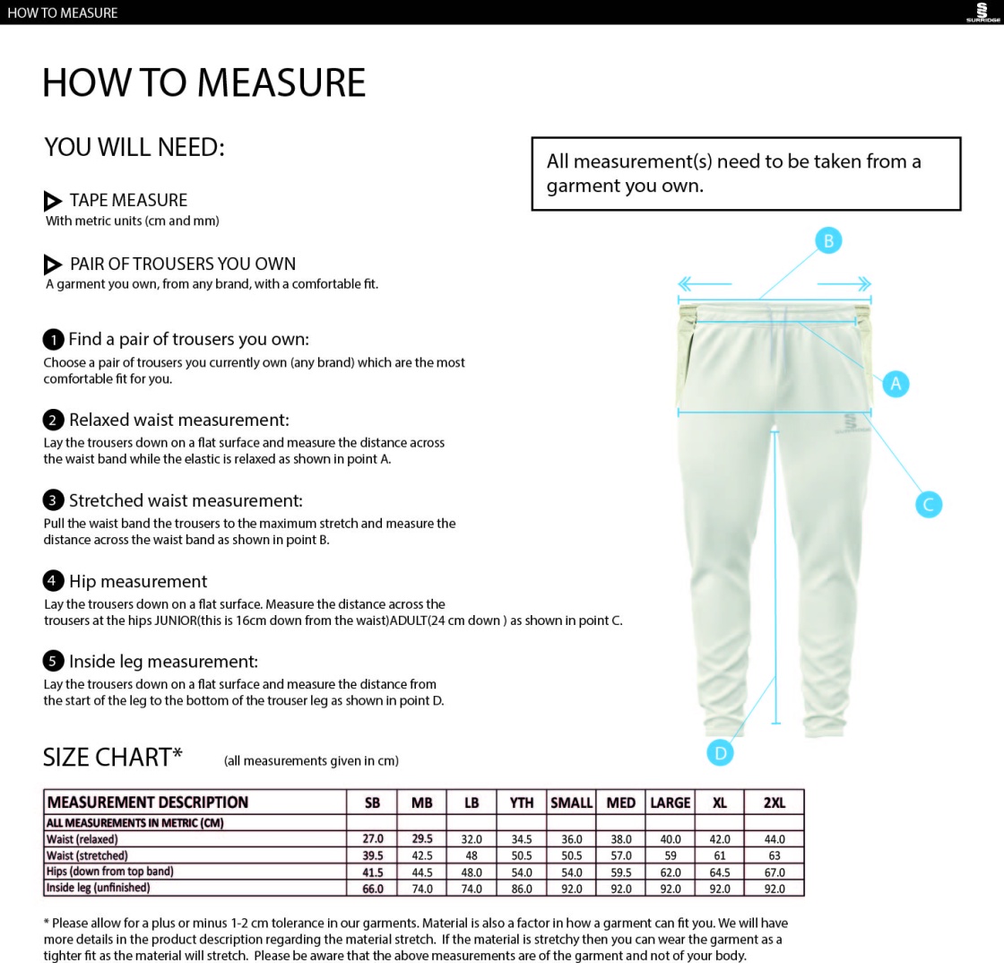 Papplewick & Linby CC - Playing Cricket Trousers - Size Guide