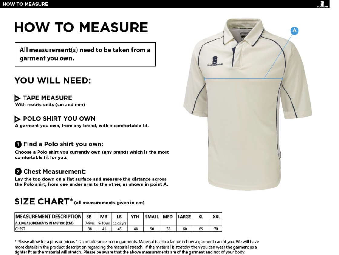 Papplewick & Linby CC - Premier 3/4 Sleeved Playing Shirt - Size Guide