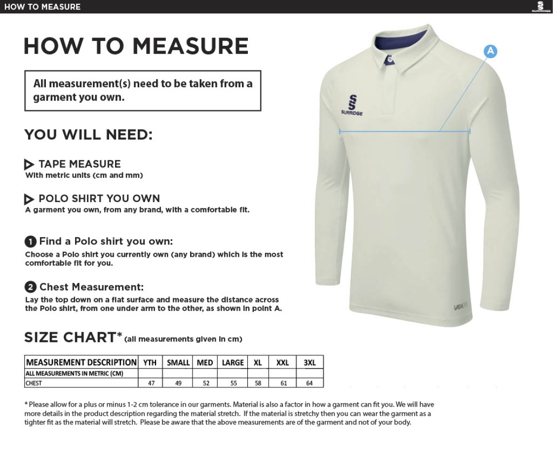 Papplewick & Linby CC - Ergo Long Sleeved Playing Shirt - Size Guide